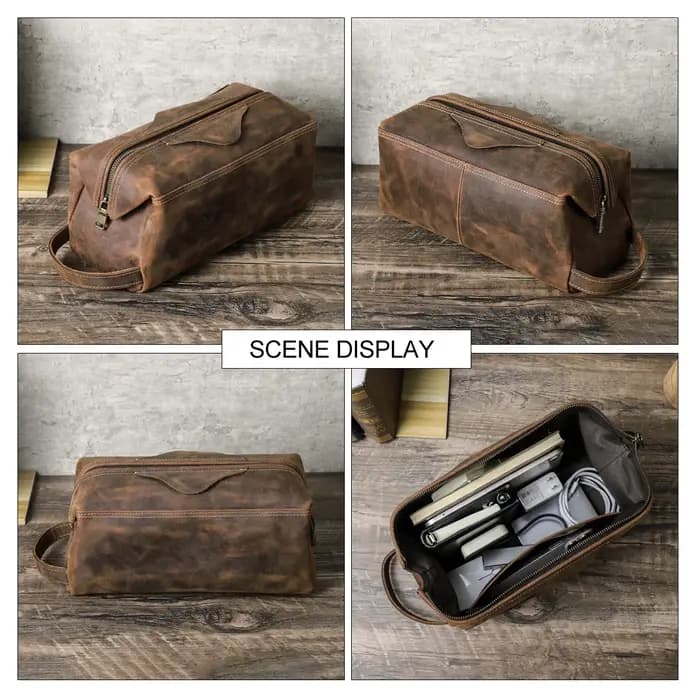 Trousse de toilette en cuir véritable pour hommes et femmes