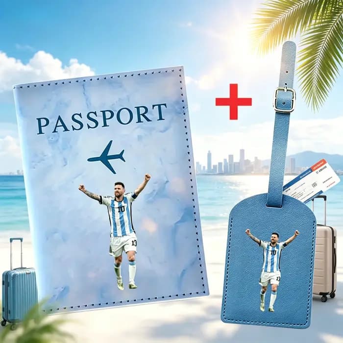 Messi Travel Essentials : Porte-passeport anti-RFID + Ensemble d'étiquettes de bagages en cuir pour femmes et hommes, accessoires de protection pour billets, CADEAU