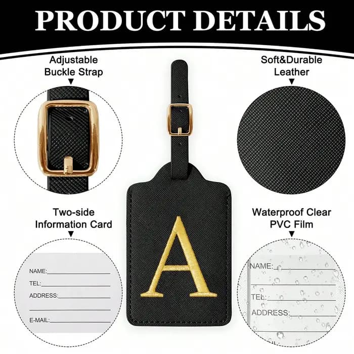 Étiquette de bagage en cuir PU pour voyage-étiquette d'identification de valise durable avec couverture de confidentialité et fente pour carte nominative (A-Z) liu