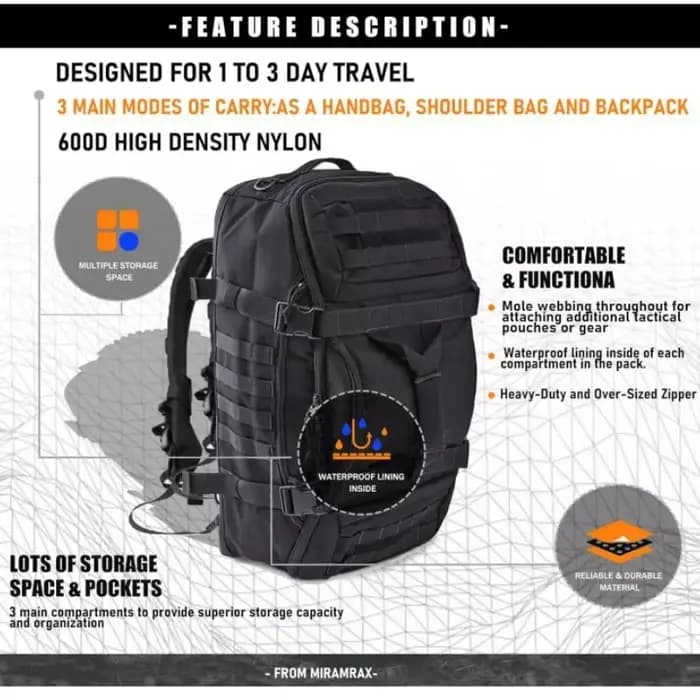 Sacs à dos de voyage en voiture, sac à dos tactique, sac d'extérieur, sac de fitness étanche de grande capacité, sac à sangle de 45l pour hommes et femmes