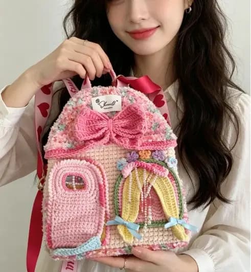 Sac à dos en laine crochetée fait main avec des motifs de cerises