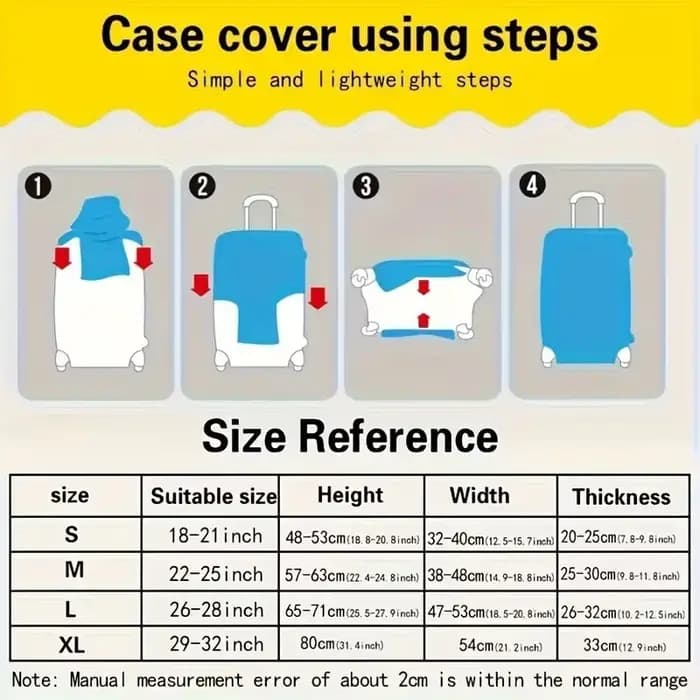 Cette housse de valise extensible s'adapte aux valises de 18 à 32 pouces et présente un motif de lettres A-Z blanches imprimé sur la surface.