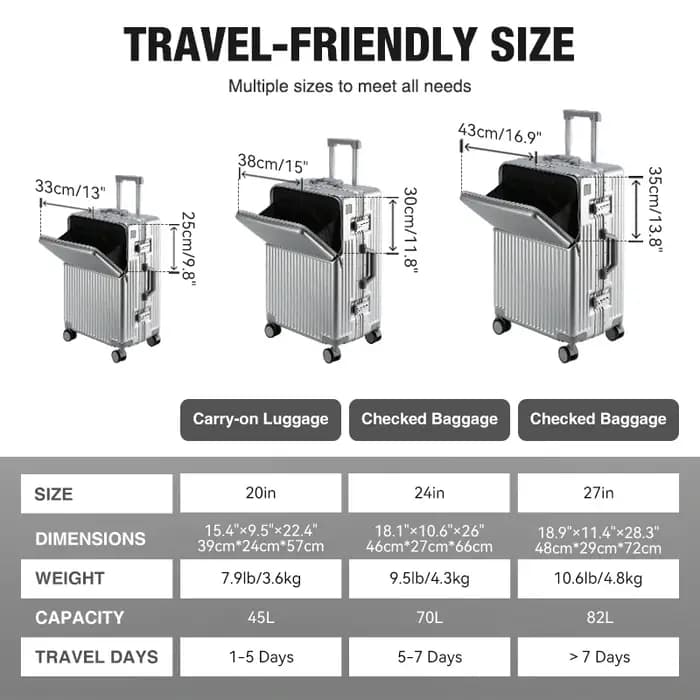Valise AIWEINY à cadre en aluminium, coque rigide en PC, résistante à la pression, bagages de voyage