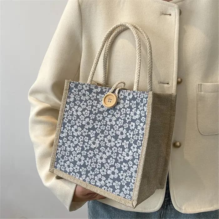 Sac à main fourre-tout en lin avec fermoir à bouton