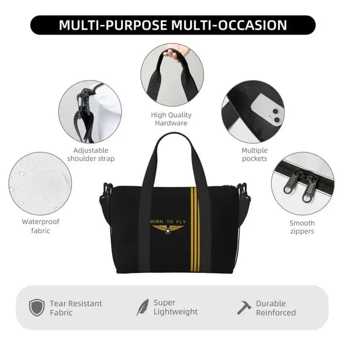 Sac de voyage personnalisé « Born To Fly » pour pilote de vol, sac de sport léger et portable, sac à bandoulière pour aviateur, idéal pour le sport, la gym et le yoga.