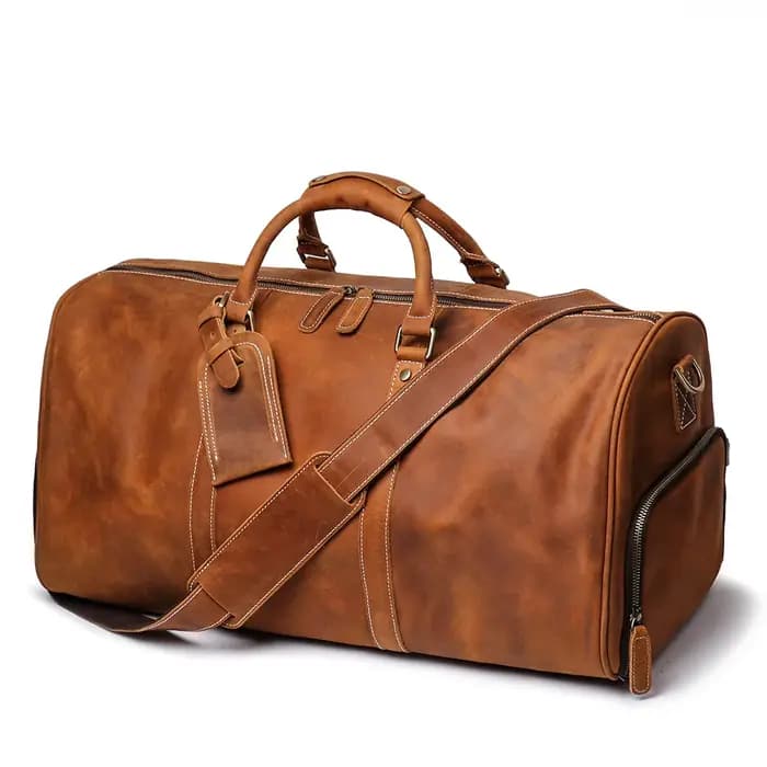 Sac de week-end en cuir vieilli artisanal - Sac de voyage rustique avec ferrures en laiton