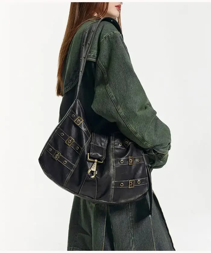 JIAERDI Vintage Rivet noir sac à main femmes Y2k Grunge cuir Chic grande capacité sac fourre-tout femme rétro décontracté sac à bandoulière Bolso