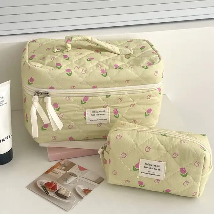 Trousse de toilette rétro polyvalente YT avec motif à carreaux rouge et bleu et nœud rose