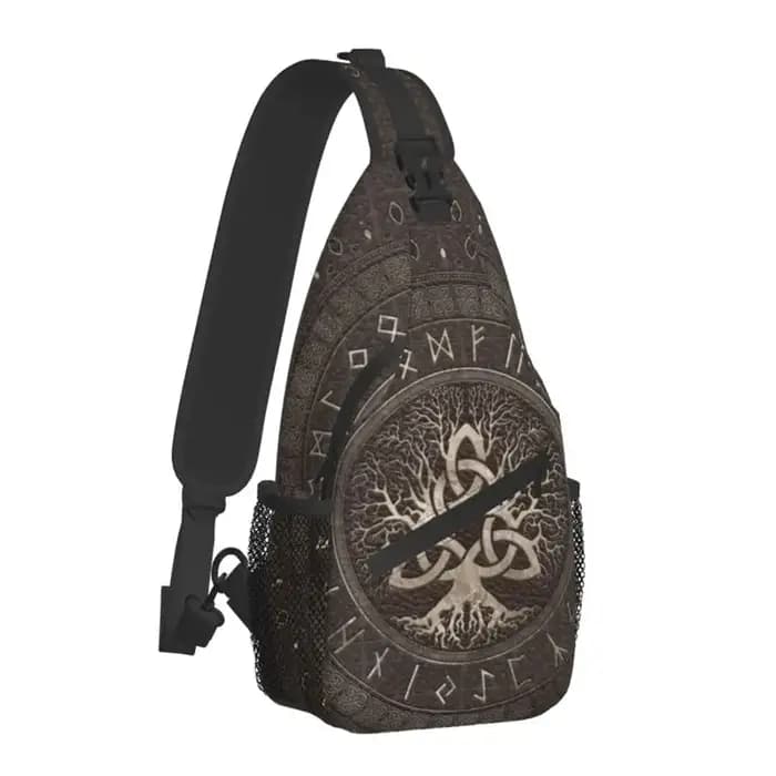 Sac à dos à bandoulière en cuir marron arbre de vie avec Triquetra pour hommes