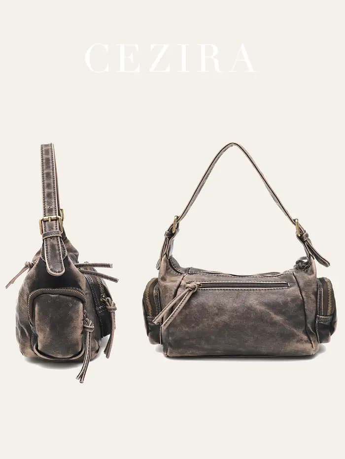 Femmes rétro Cool Preppy Street Style sac à bandoulière lavé PU cuir végétalien Vintage fonctionnel pratique