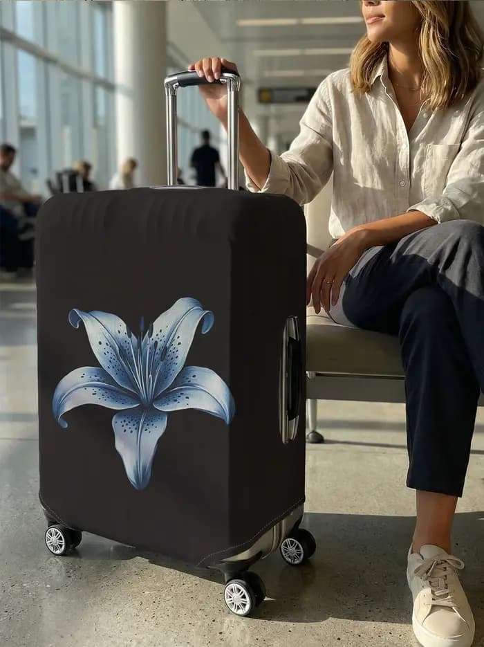 Housse de bagage à motif de fleurs de lys bleues sur base noire