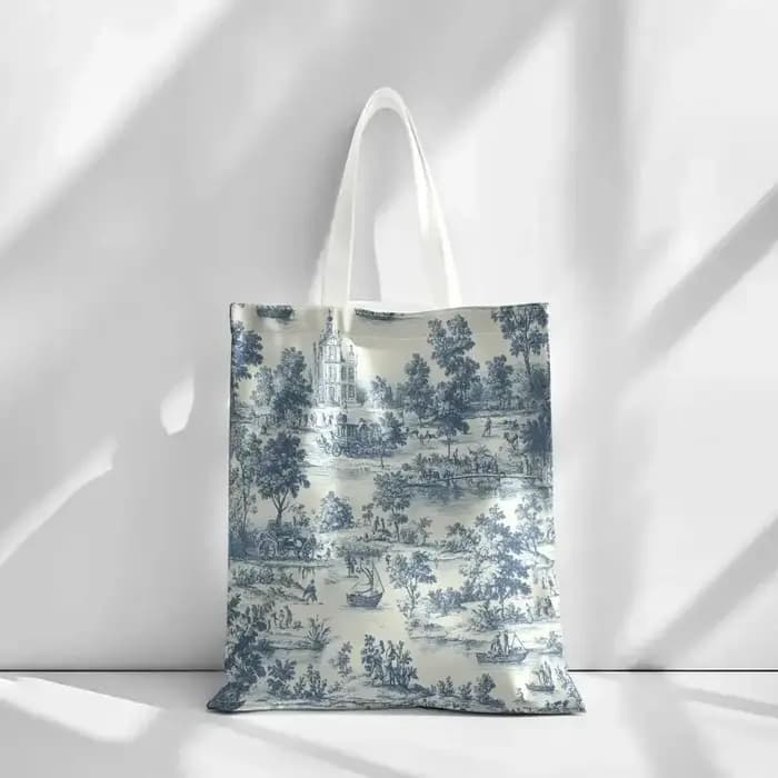 Sac fourre-tout en toile avec imprimé paysage bleu et blanc, adapté à un usage quotidien, aux course