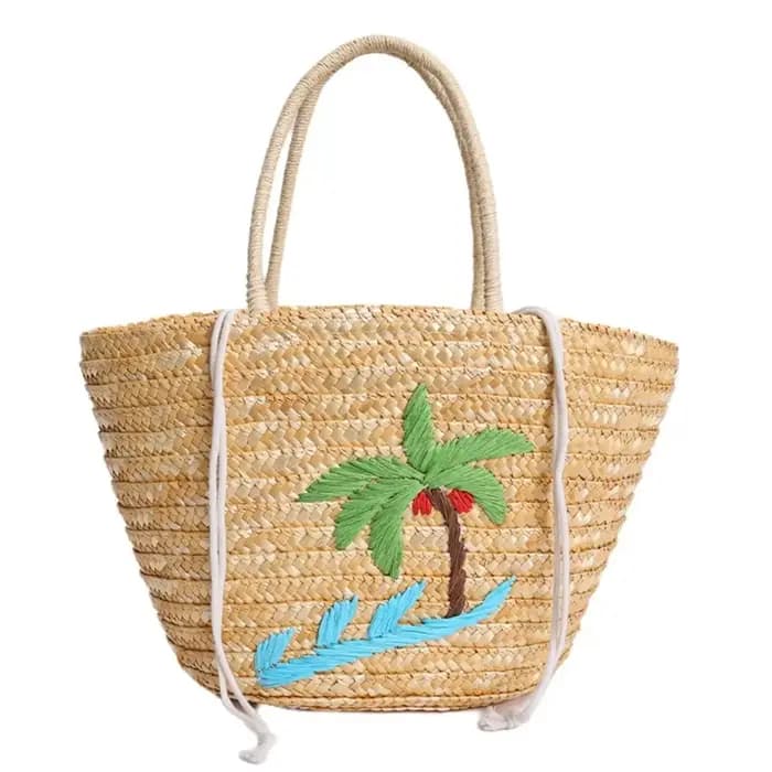 Grand sac fourre-tout en paille brodé motif cocotier