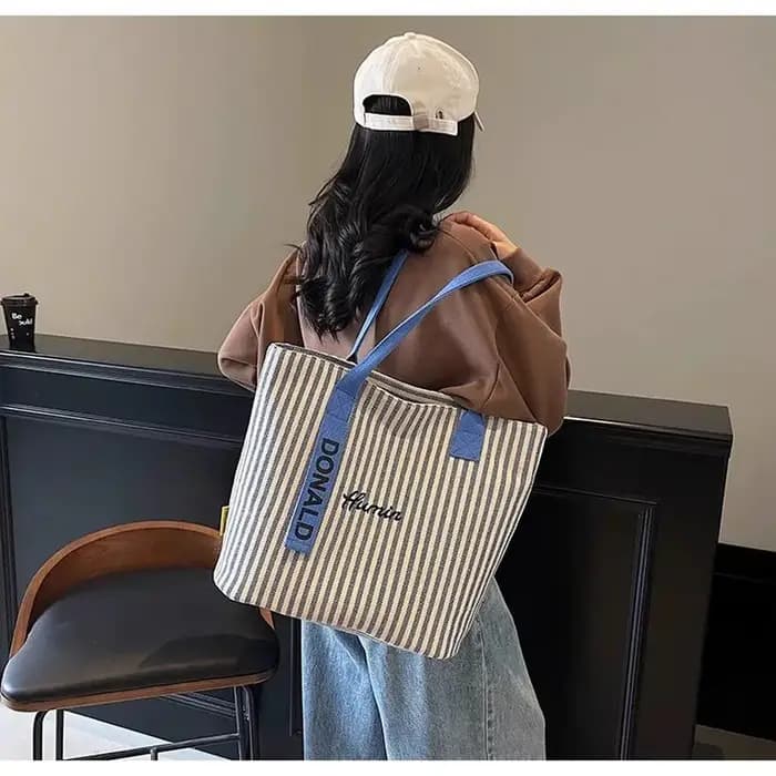 Sac fourre-tout classique en toile rayée pour femmes, sac fourre-tout décontracté, sac à bandoulière de grande capacité pour l'école et le shopping
