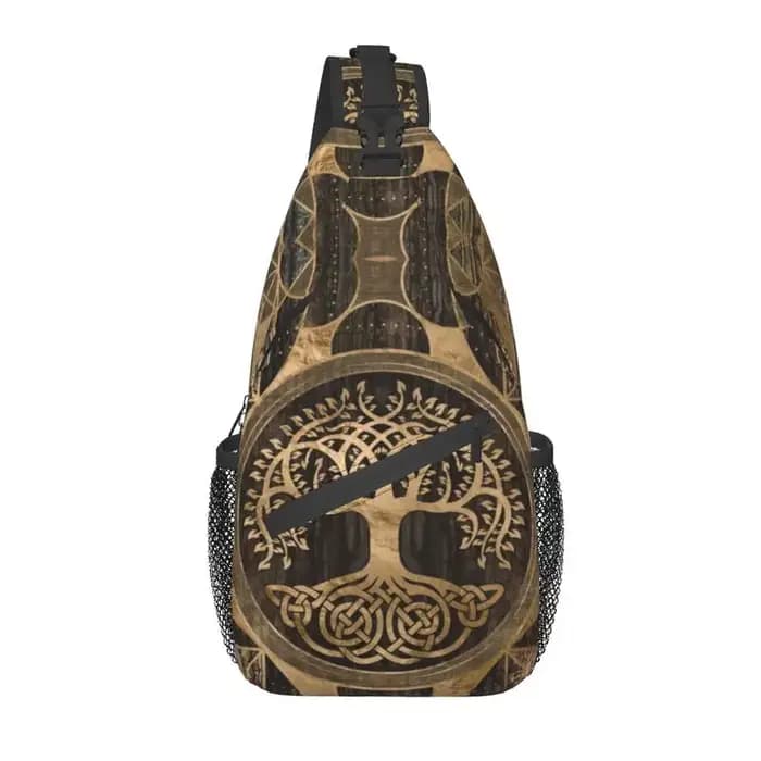 Sac à dos à bandoulière en cuir marron arbre de vie avec Triquetra pour hommes