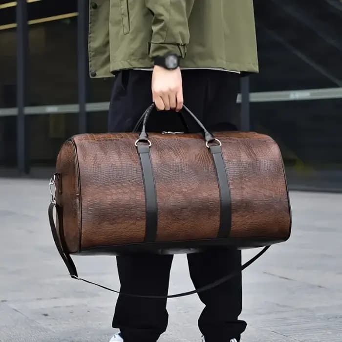 Sac polochon de voyage rétro texturé crocodile de grande capacité – Bagage de vacances unisexe durable