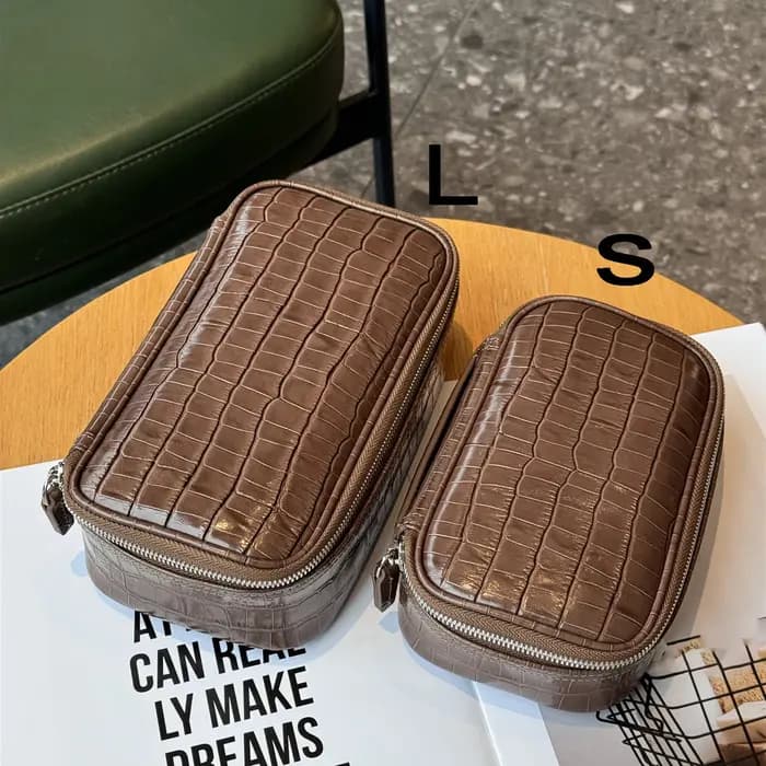Sac à cosmétiques portable en cuir de vache à motif crocodile