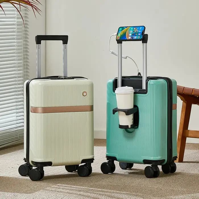 Nouveau bagage à main à la mode de 14 pouces avec taille de cabine, étui d'embarquement avec porte-gobelet/support pour téléphone portable/roues universelles amovibles/verrouillage par mot de passe/in