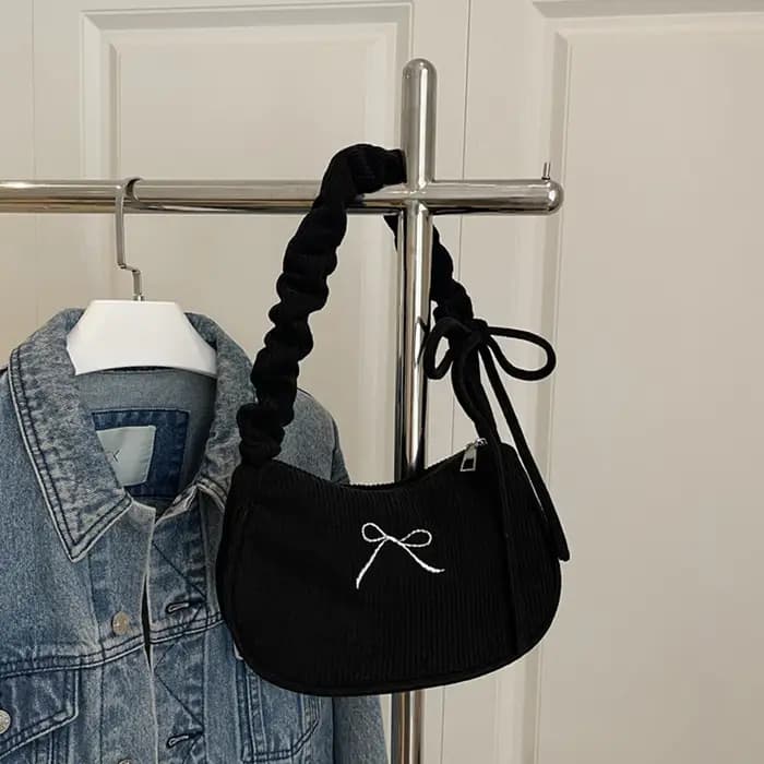 Sac à bandoulière élégant en velours côtelé pour femme. Accessoires brodés avec nœud papillon - Band