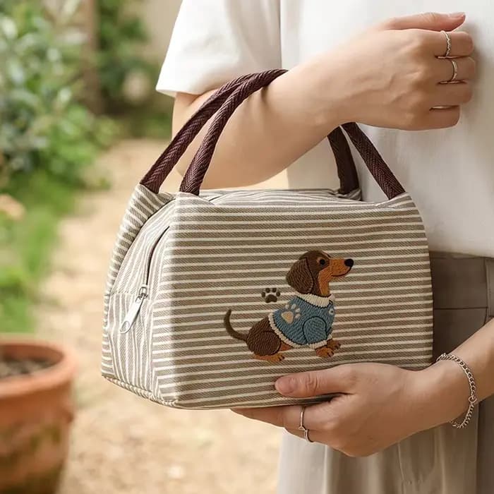 Sac fourre-tout à rayures multicolores de grande capacité avec imprimé de chiot de dessin animé mignon