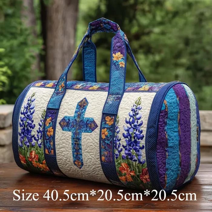 Sac de voyage cylindrique en toile matelassée 3D avec motif floral bleu croisé