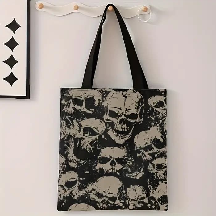 Sac fourre-tout imprimé crâne – Sac à main réutilisable en polyester durable