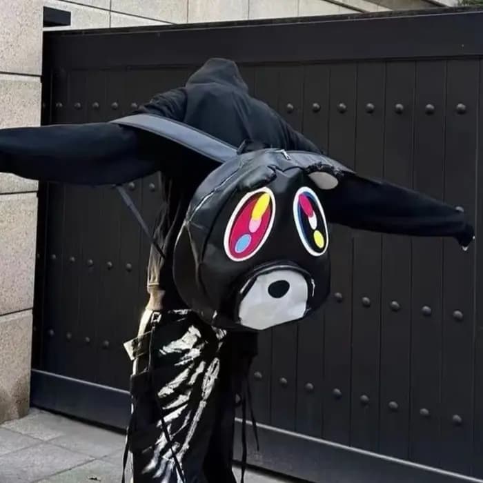 Original Spoof Kanye West abandonné ours noir Pu cuir sac à dos grande capacité sac d'école Couple dessin animé sac à dos