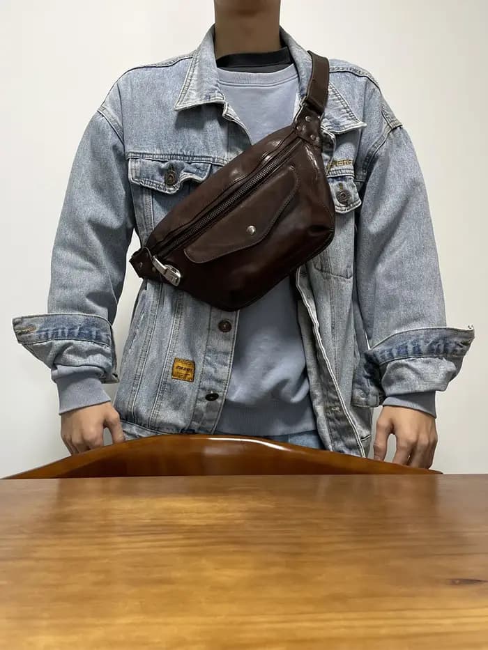 Sac de poitrine décontracté en cuir de vache pour hommes
