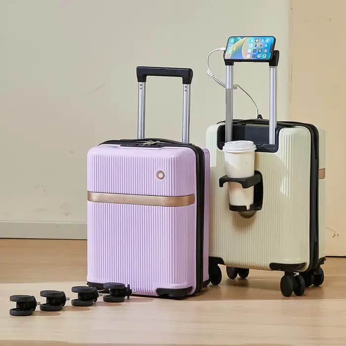 Nouveau bagage à main à la mode de 14 pouces avec taille de cabine, étui d'embarquement avec porte-gobelet/support pour téléphone portable/roues universelles amovibles/verrouillage par mot de passe/in