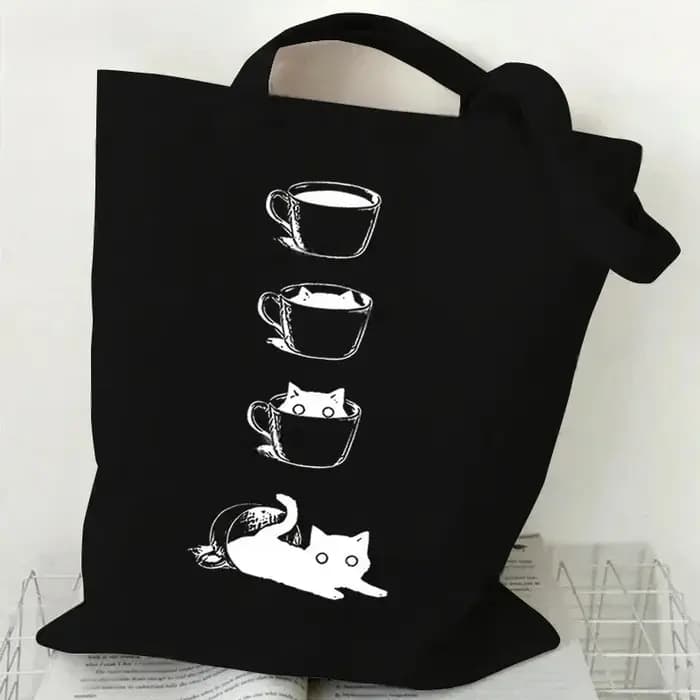 Sac fourre-tout en toile imprimé chat noir et blanc, grande capacité, sac à bandoulière de dessin an