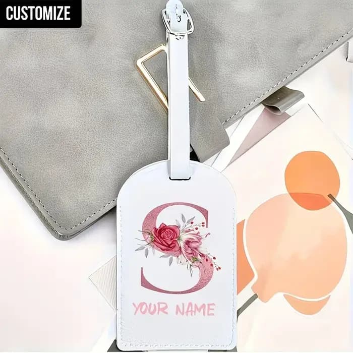 Étiquettes de bagages personnalisées avec lettres florales A-Z et nom - Accessoires de voyage