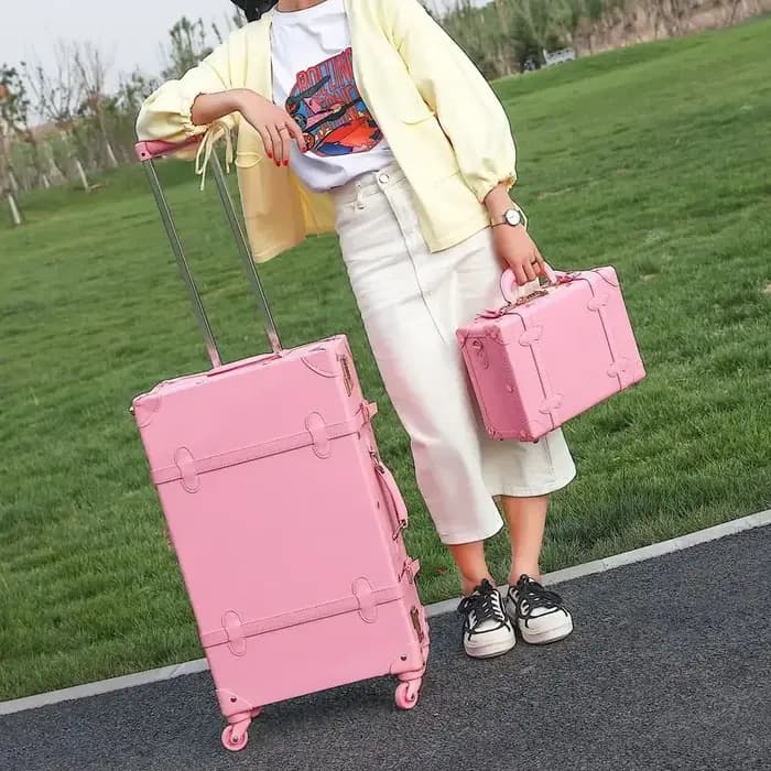 Valise à roulettes en cuir PU rétro pour filles