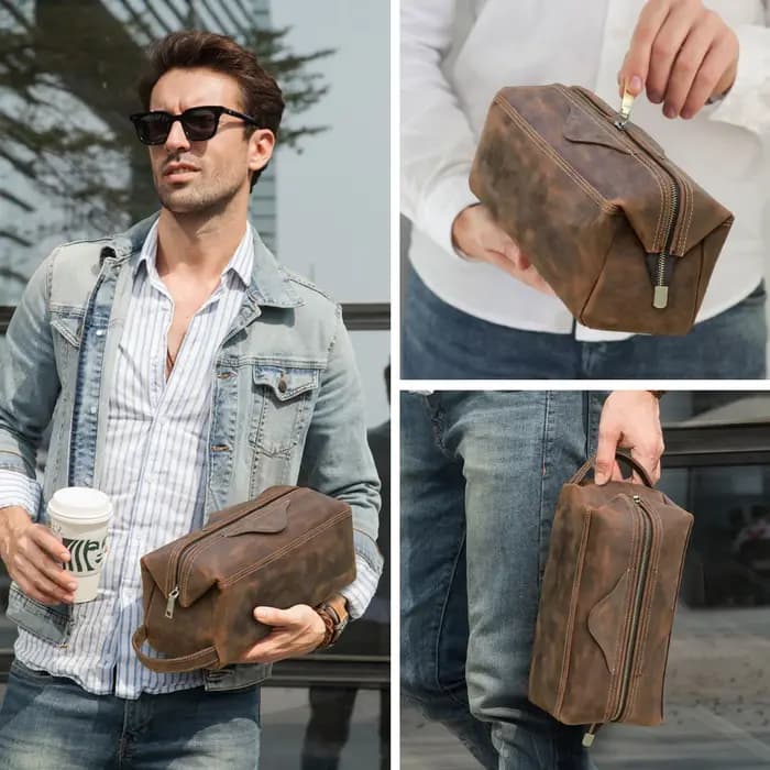 Trousse de toilette en cuir véritable pour hommes et femmes