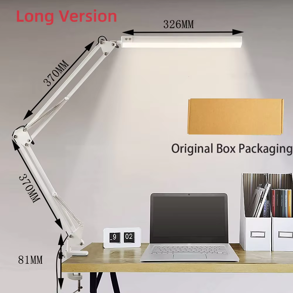 Lampe de bureau LED à bras long, pince pliable, lumière de soin des yeux réglable avec 3 modes de co