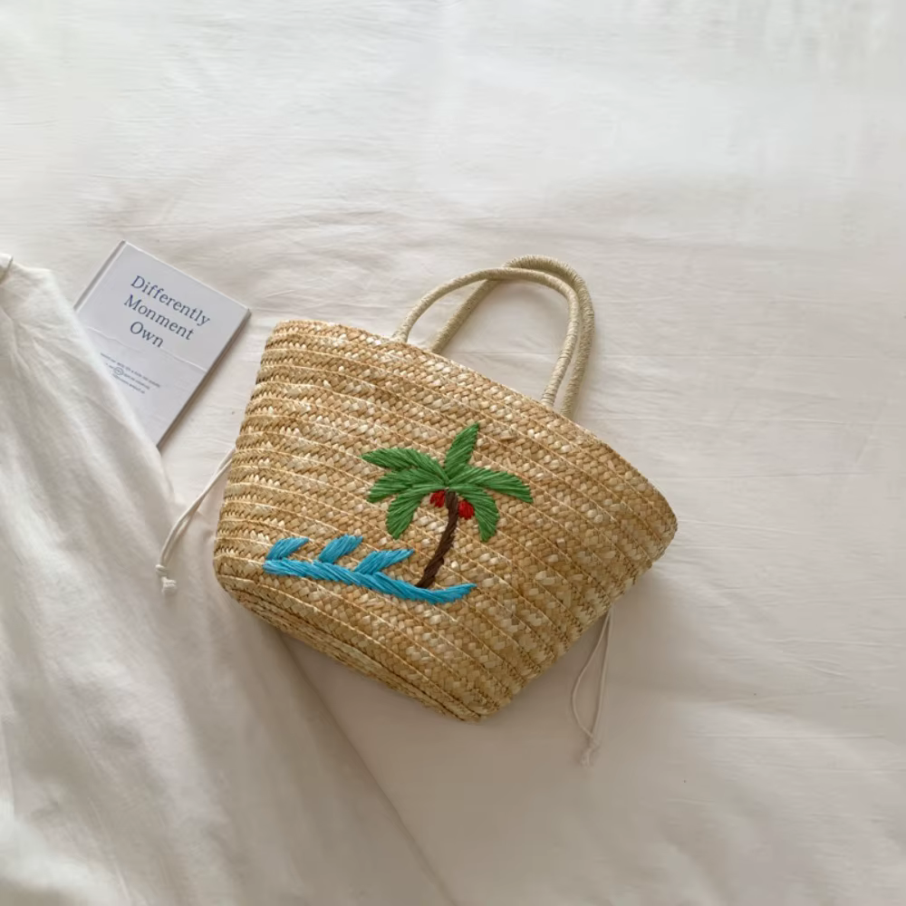 Sac de plage d'été en paille brodée grande capacité motif cocotier, sac fourre-tout simple en herbe 