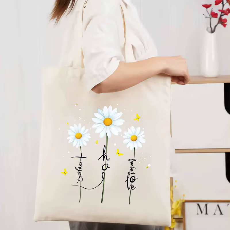 Sac fourre-tout en toile crème avec fleurs de marguerite et texte "Hello" pour un usage quotidien, u