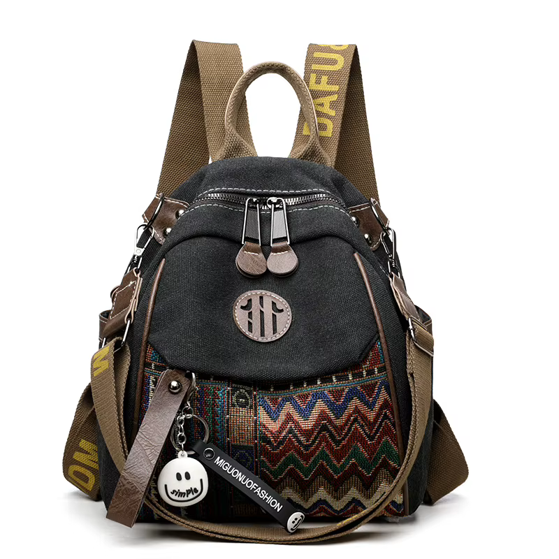 Sac à bandoulière double en denim brodé de style ethnique pour femme, sac à dos grande capacité aux 