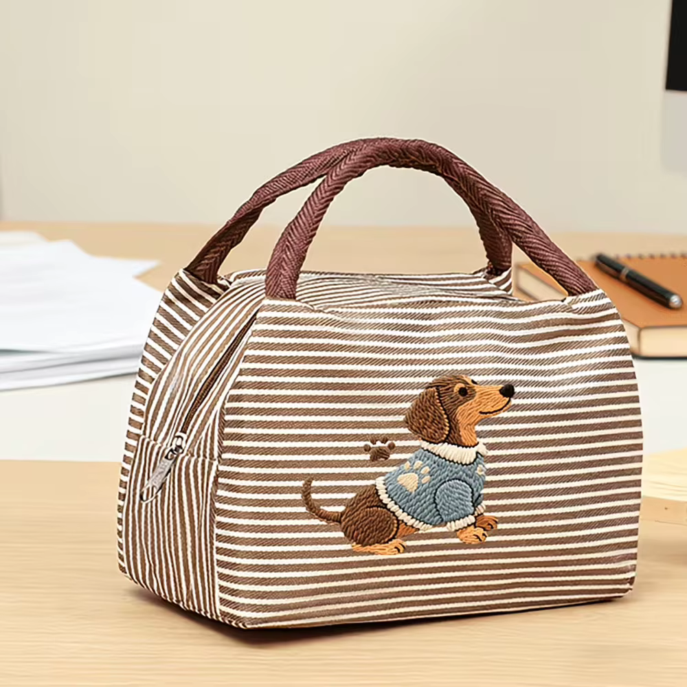 Sac fourre-tout à rayures multicolores de grande capacité avec imprimé de chiot de dessin animé mign
