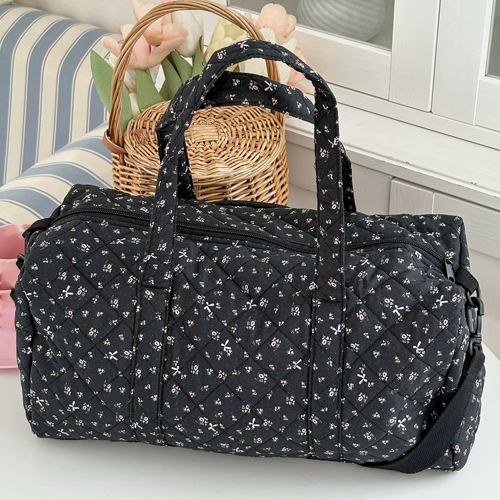 Sac de voyage matelassé en coton avec fermeture éclair, sac de sport imprimé Floral, sac de nuit pou