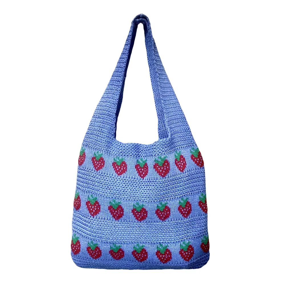 Sac à main tricoté pour femme, motif fraise, grande capacité, sac en crochet léger et durable, sac f