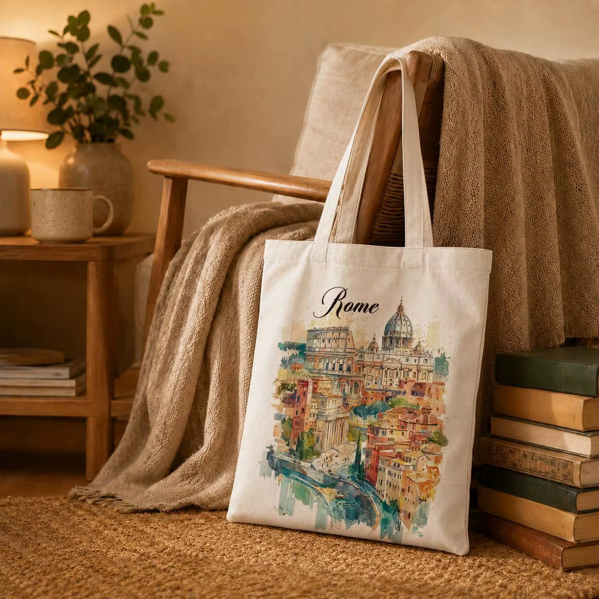 Sac fourre-tout en toile aquarelle Rome, imprimé paysage urbain italien, réutilisable, écologique, s
