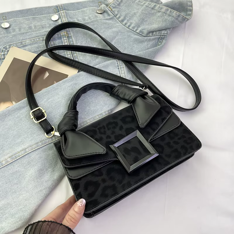 Petit sac carré Vintage imprimé léopard, sac à bandoulière en cuir Pu pour femmes, poignée nouée, fo