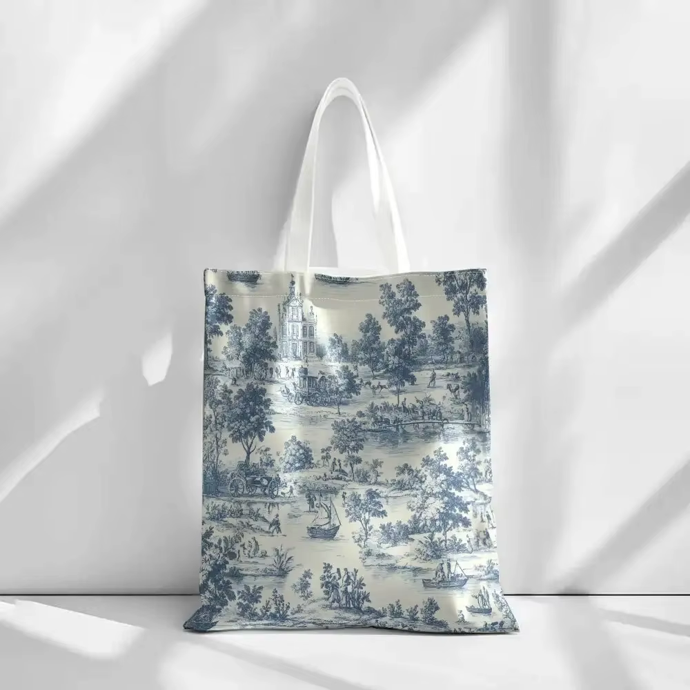 Sac fourre-tout en toile avec imprimé paysage bleu et blanc, adapté à un usage quotidien, aux course