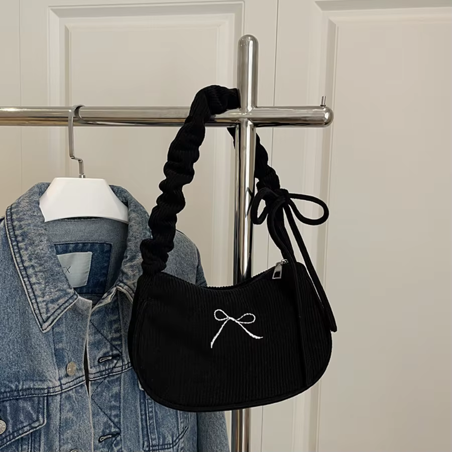 Sac à bandoulière élégant en velours côtelé pour femme. Accessoires brodés avec nœud papillon - Band
