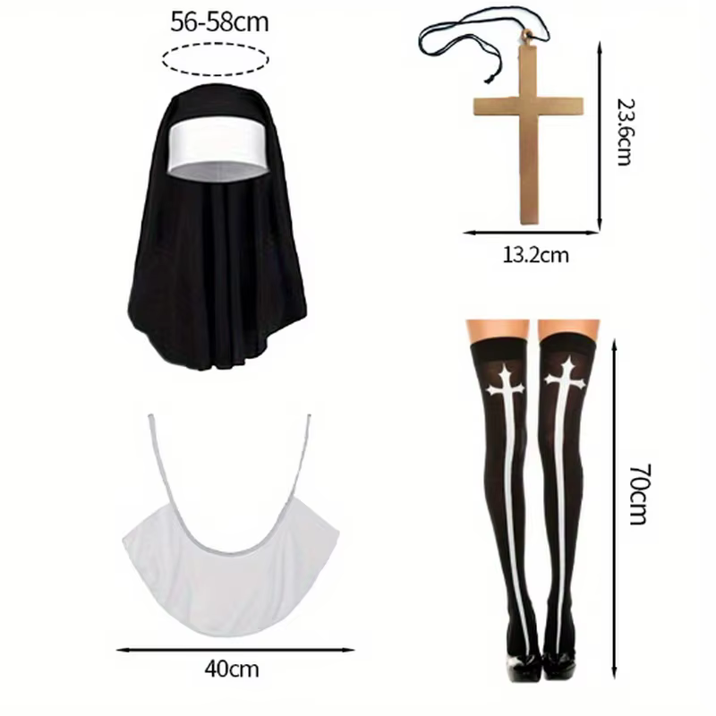 Ensemble d'accessoires de costume de nonne, tenue, col, collier croisé, chaussettes aux genoux pour