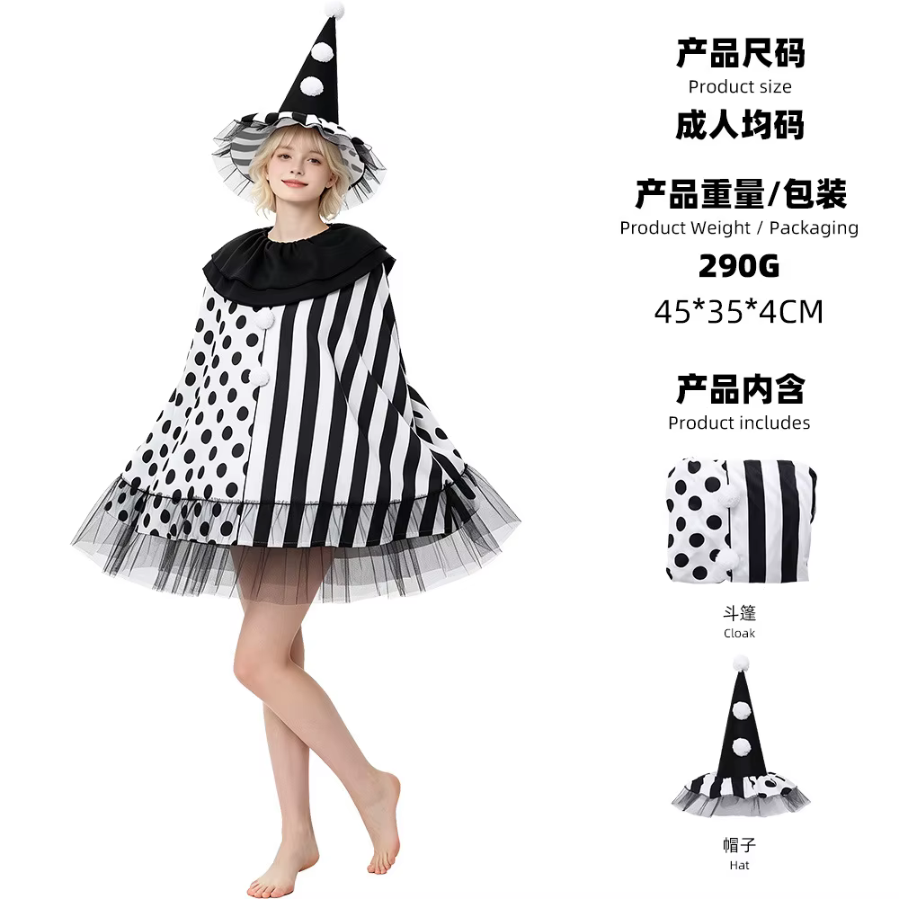 Costume de sorcière de carnaval pour femmes, cape de clown à pois noirs et blancs, chapeau, tenue de