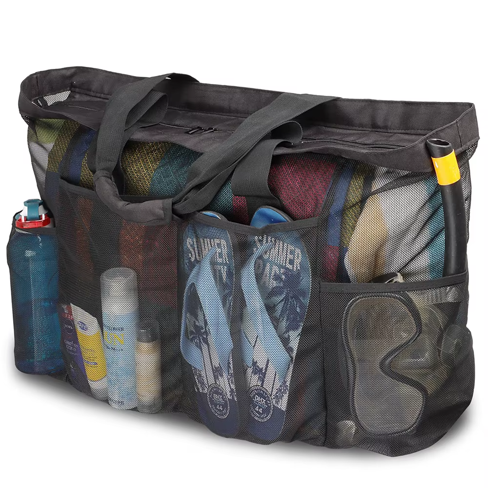 Grand sac de plage en maille avec fermeture éclair et poche, sac de rangement portable et imperméabl
