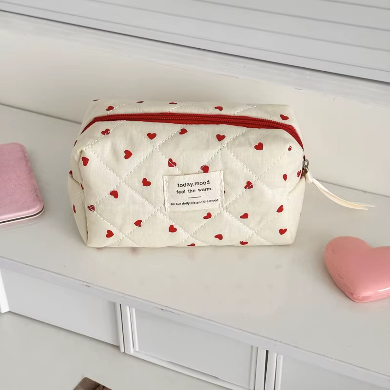 Sacs à cosmétiques en forme de cœur en velours côtelé pour femmes, trousse de maquillage de grande c