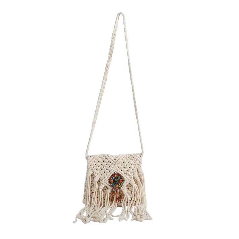 Nouveau sac bandoulière bohème en macramé pour femme, sac à main tissé à la main avec franges et méd