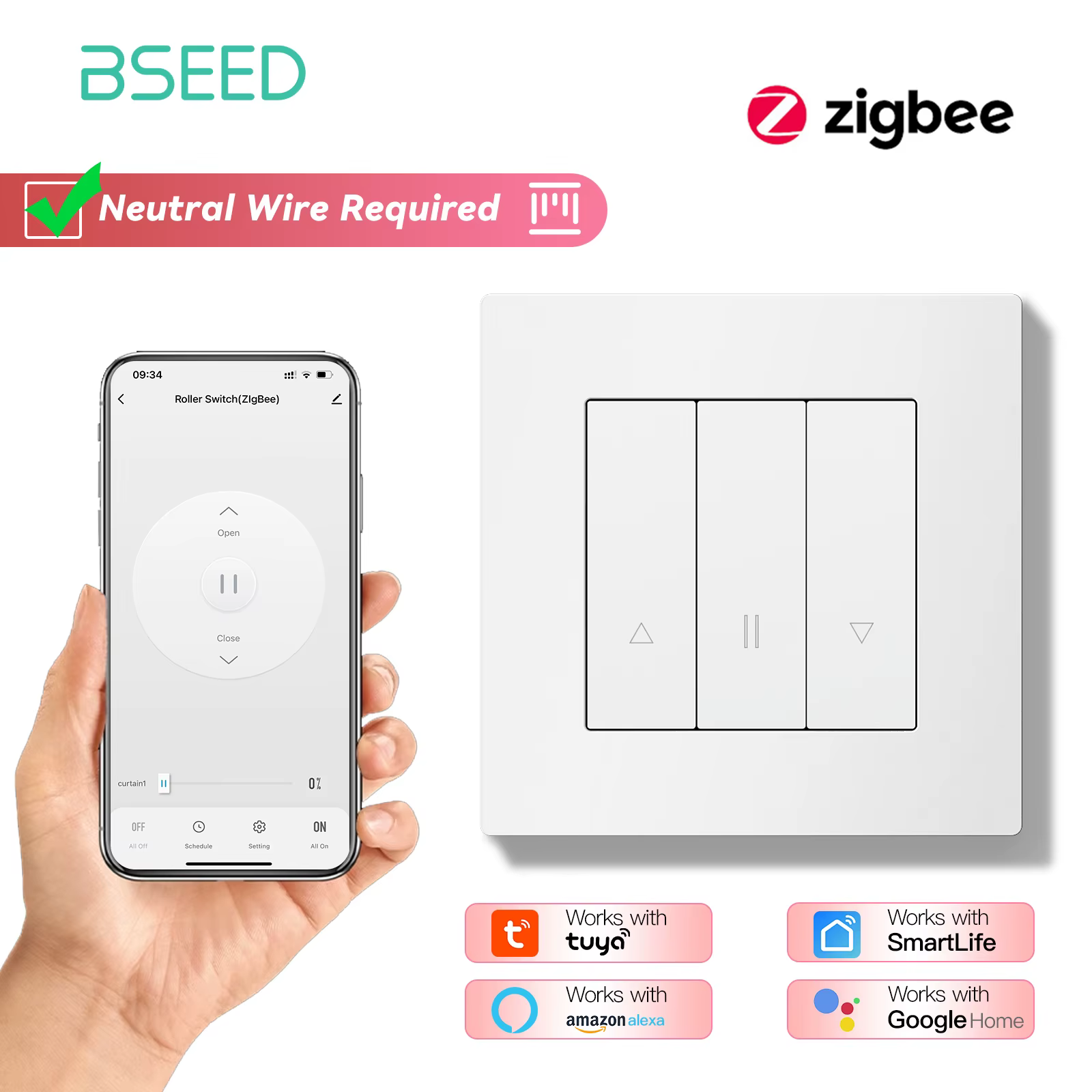 BSEED – interrupteur d'obturation Zigbee série E, bouton de clic intelligent pour stores, cadre en p